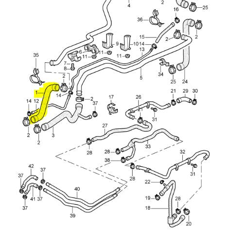 Coolant Supply Hose - Centre Radiator to Main Coolant Supply pipe to engine - 996.1 Carrera 4